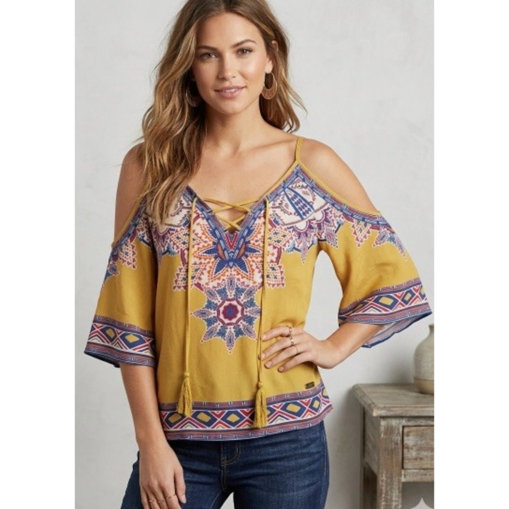 Boho Yellow Paisley Cold Shoulder Tunic Top Small Bell Sleeve by Flying Tomato
